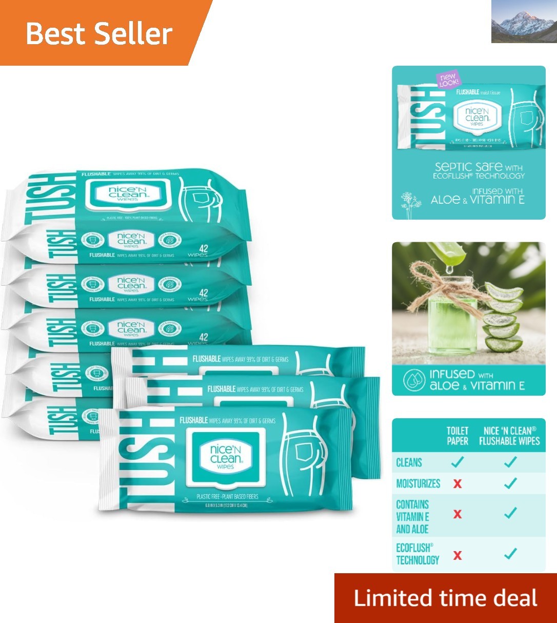 Family-Friendly Flushable Wipes – 8 x 42 Count, Aloe Infusions for Gentle Care