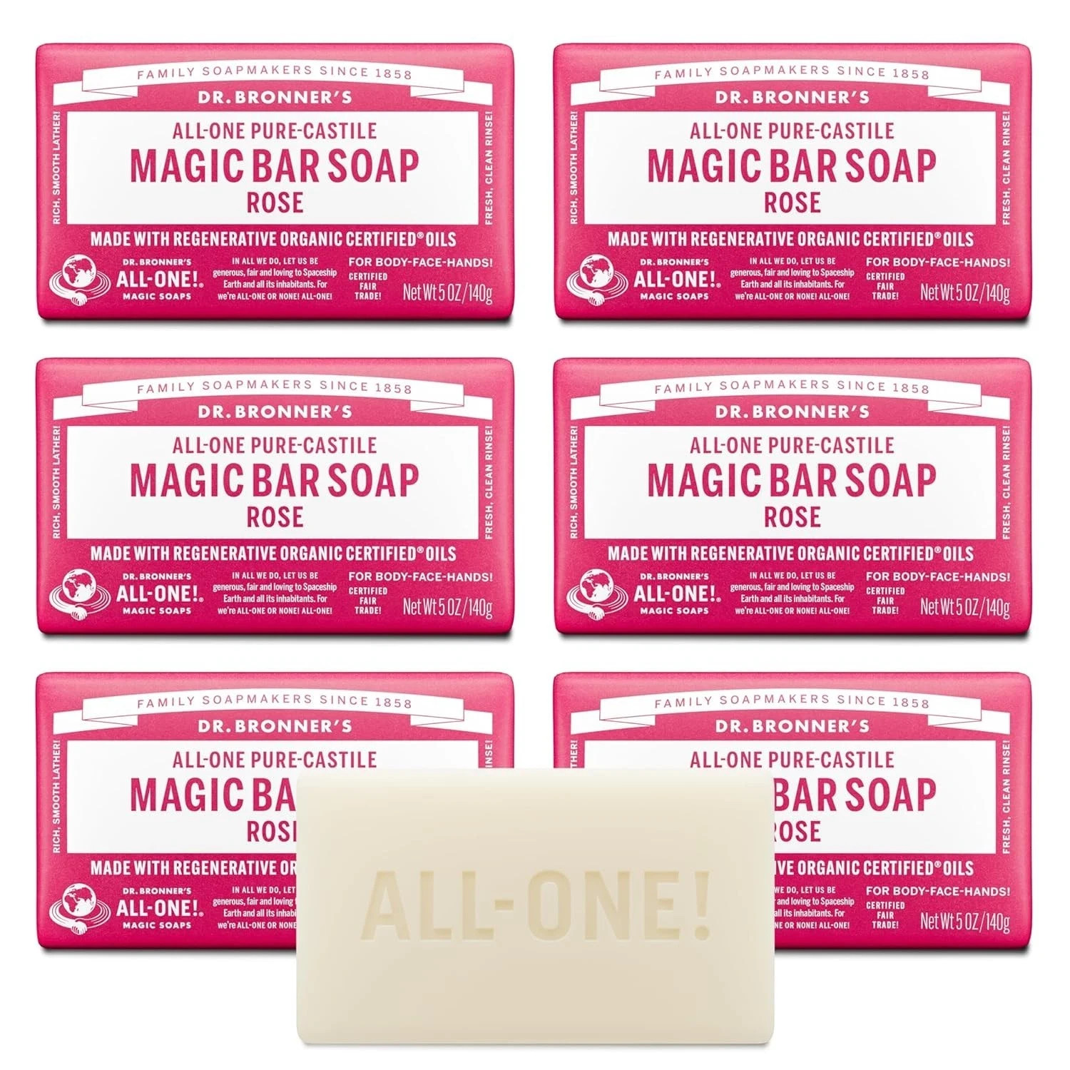 Dr. Bronner’s Pure-Castile Bar Soap Rose 5 oz Each (Pack of 6)
