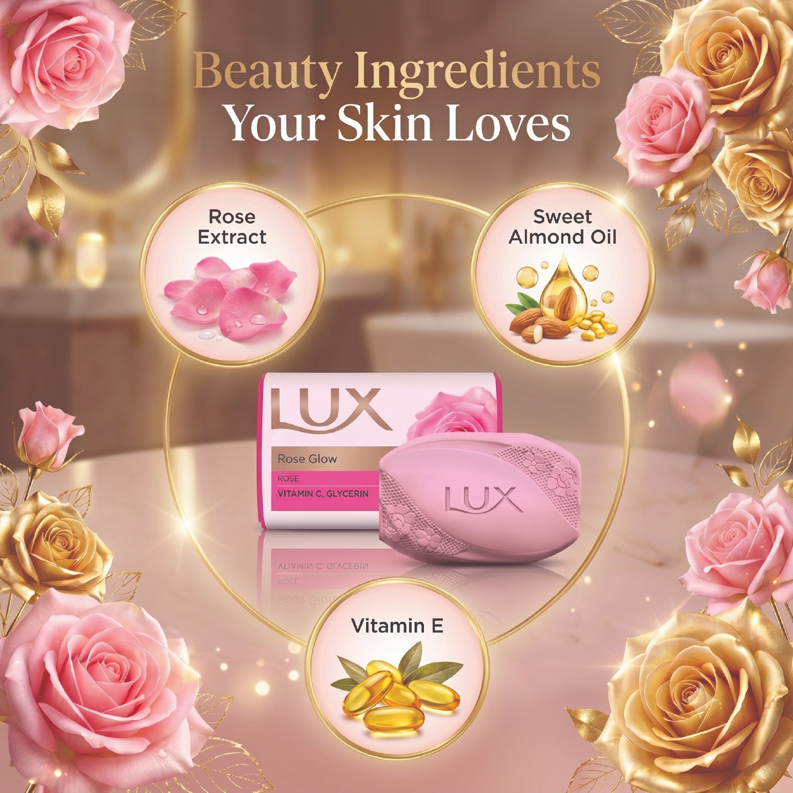 Pack of 12 Lux Rose Glow Vitamin C & Glycerin Soap 175g Rose Beauty Bar