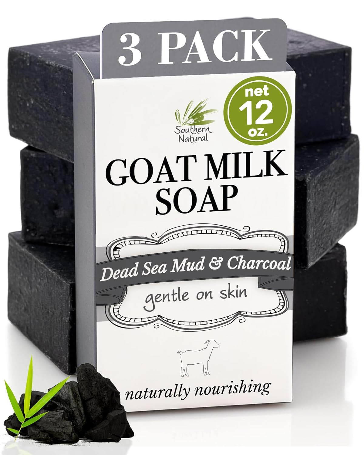 Southern Natural Activated Charcoal Soap Bar (3 Pack) Face and Body Soap for Sen