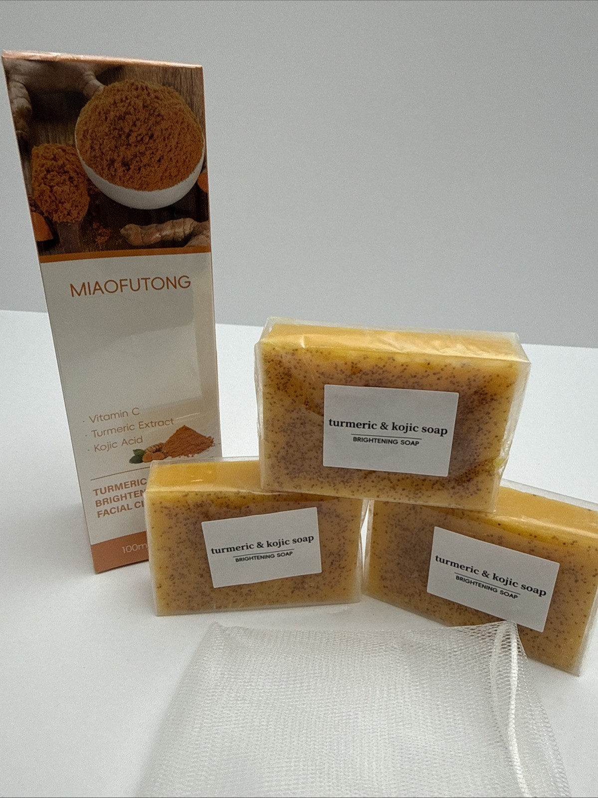 Turmeric Kojic Acid Soap Bundle 3 Bars + 1 Vitamin C Facial Cleanser