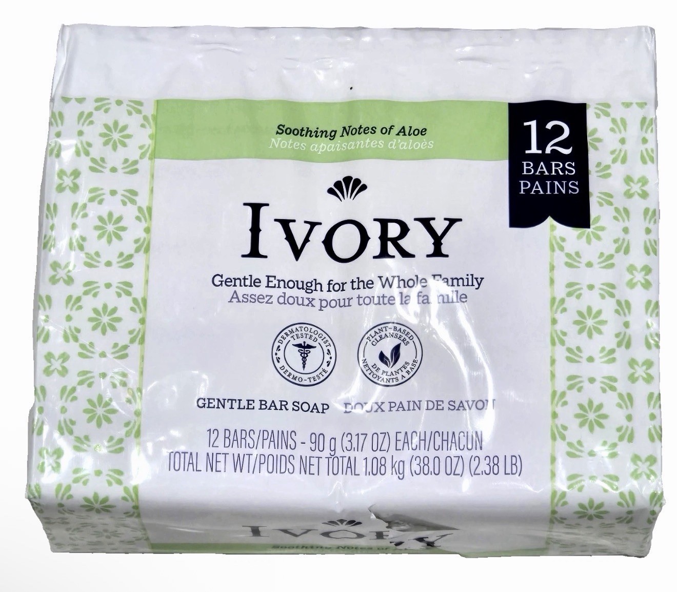 Ivory Soothing Notes Of Aloe 12 Bars Gentle Soap For Whole Family 38oz.