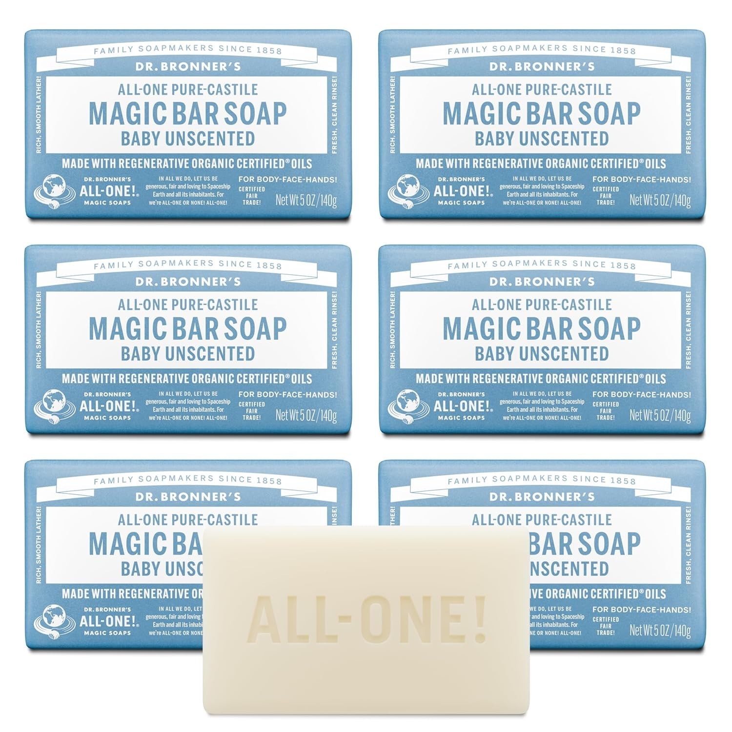 Biodegradable Unscented Soap Bars, 5 oz – 6-Pack Pure-Castile for Sensitive Skin