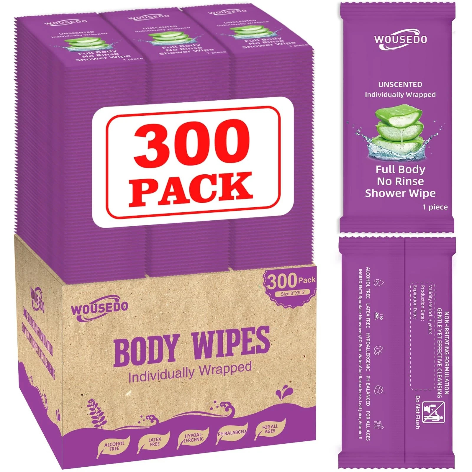 300 Pcs Body Wipes Individually Wrapped(8″ x 9.5″),Shower Wipes for Adults Ba…