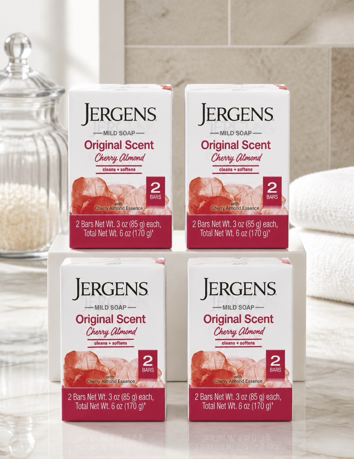 4 Packs (8 Bars Total) Jergens Cherry Almond Mild Soap Original Scent, Free Ship