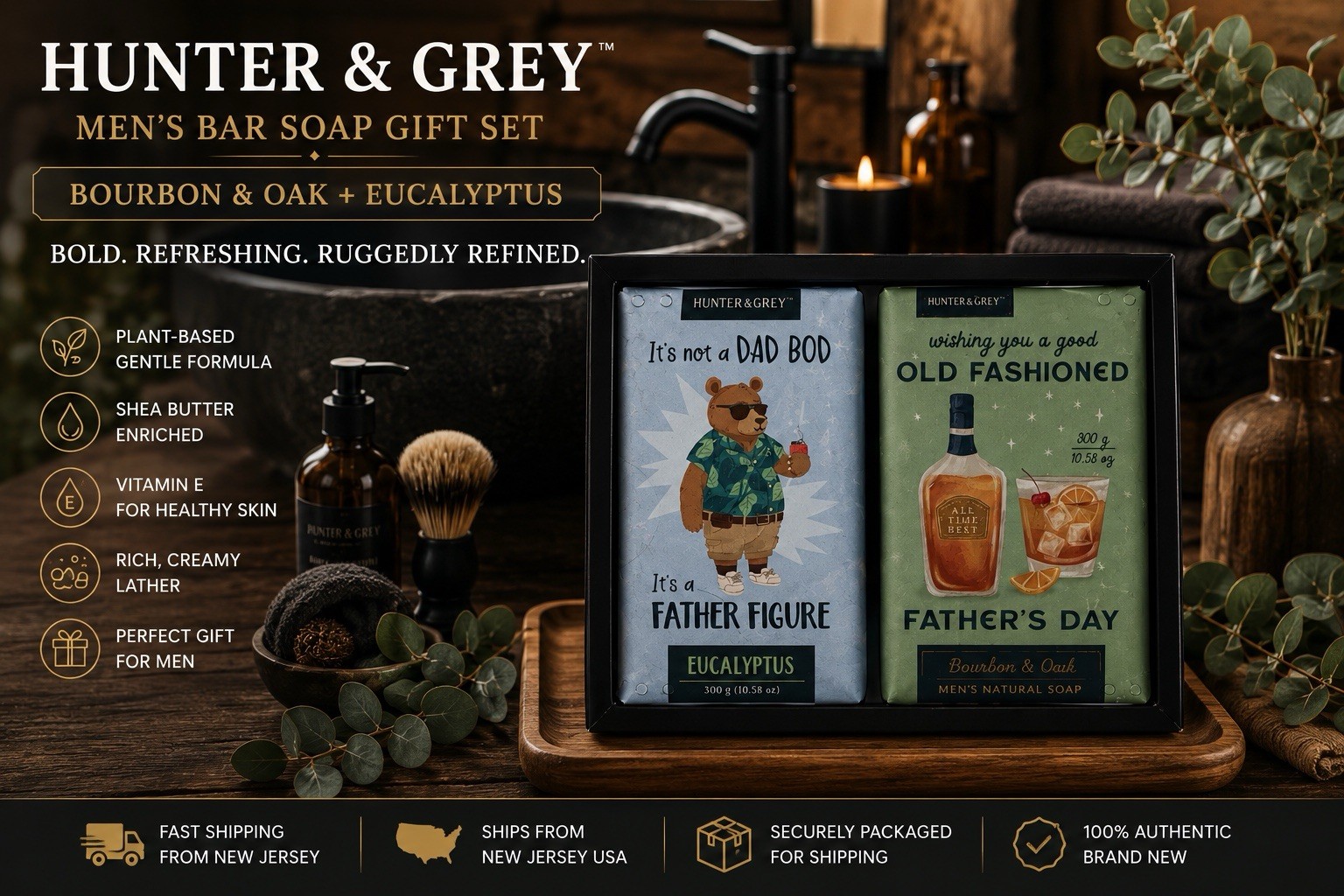 Hunter & Grey Men’s Bar Soap Gift Set Bourbon & Oak Eucalyptus 2-Pack 10.58oz