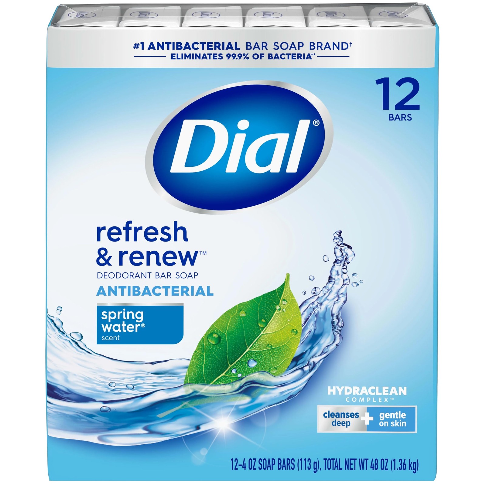 Dial Deodorant Bar Soap Spring Water Deep Cleanse Body Soap Daily Use 12 Ct-4 oz