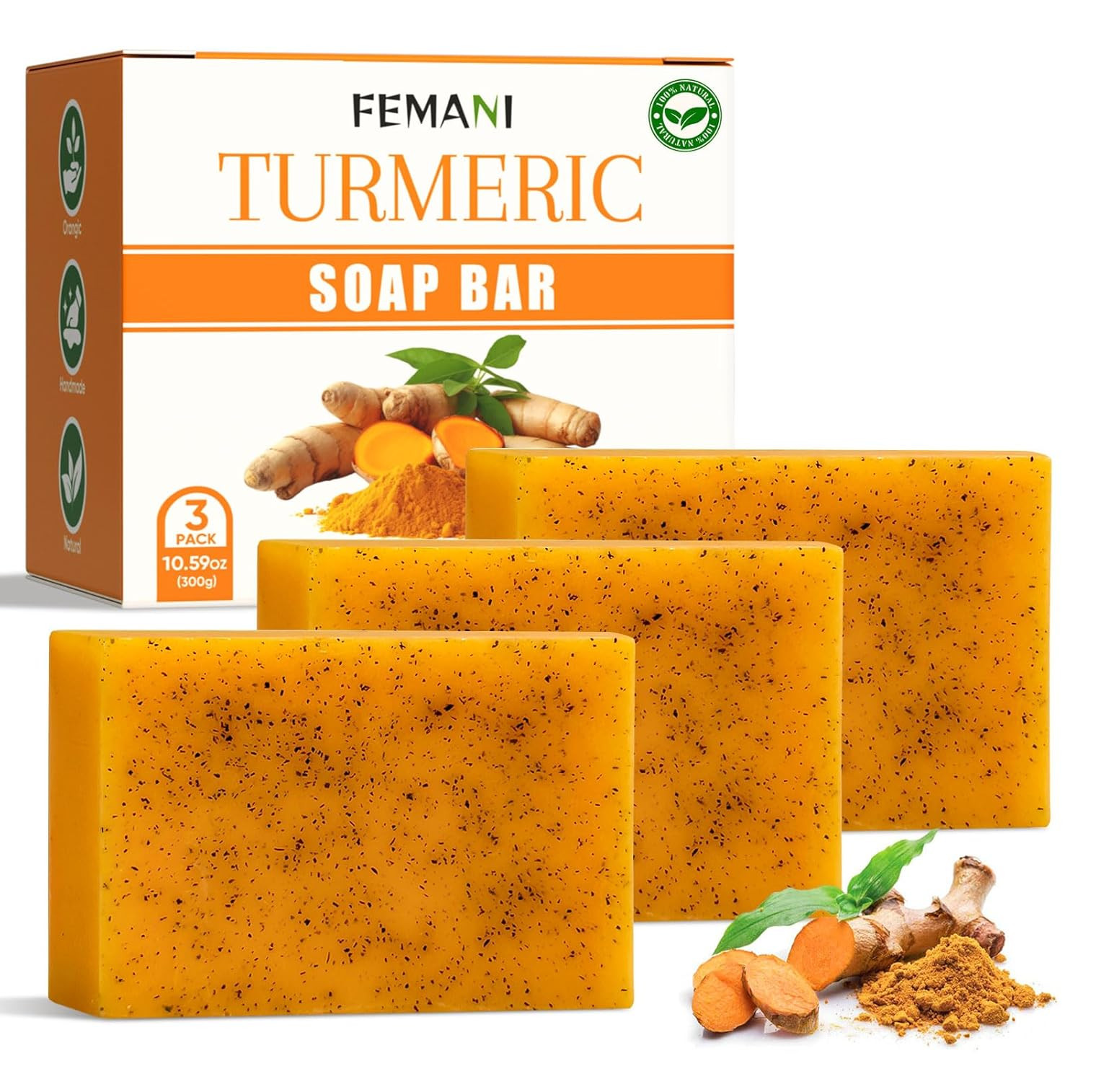 femani 3 PCS Turmeric Soap Bar for Face and Body, Lemon Turmeric Face Wash with