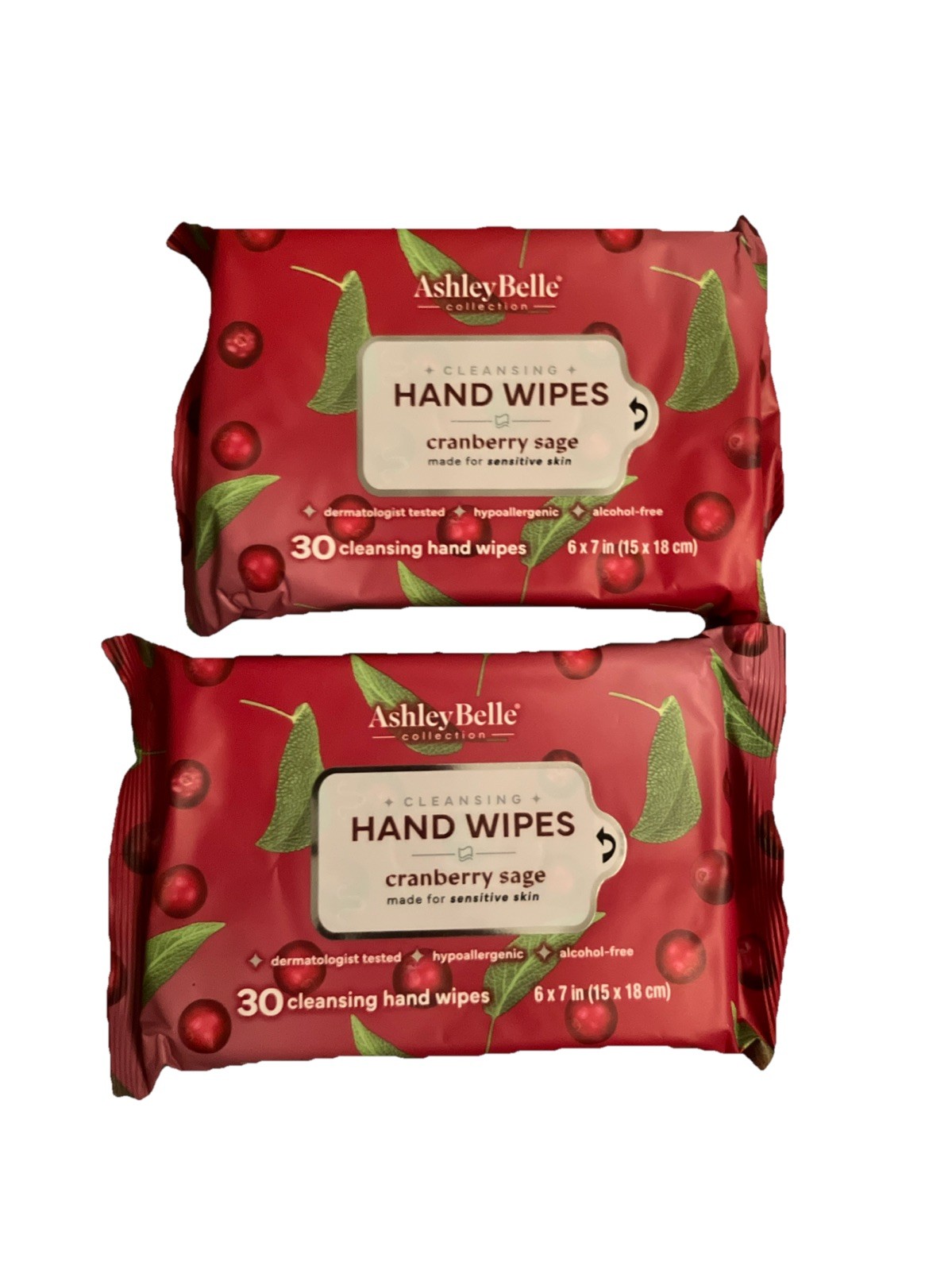 2x Ashley Belle Hand Wipes Cranberry Sage 30 Wipes Ea (60) Wipes Total