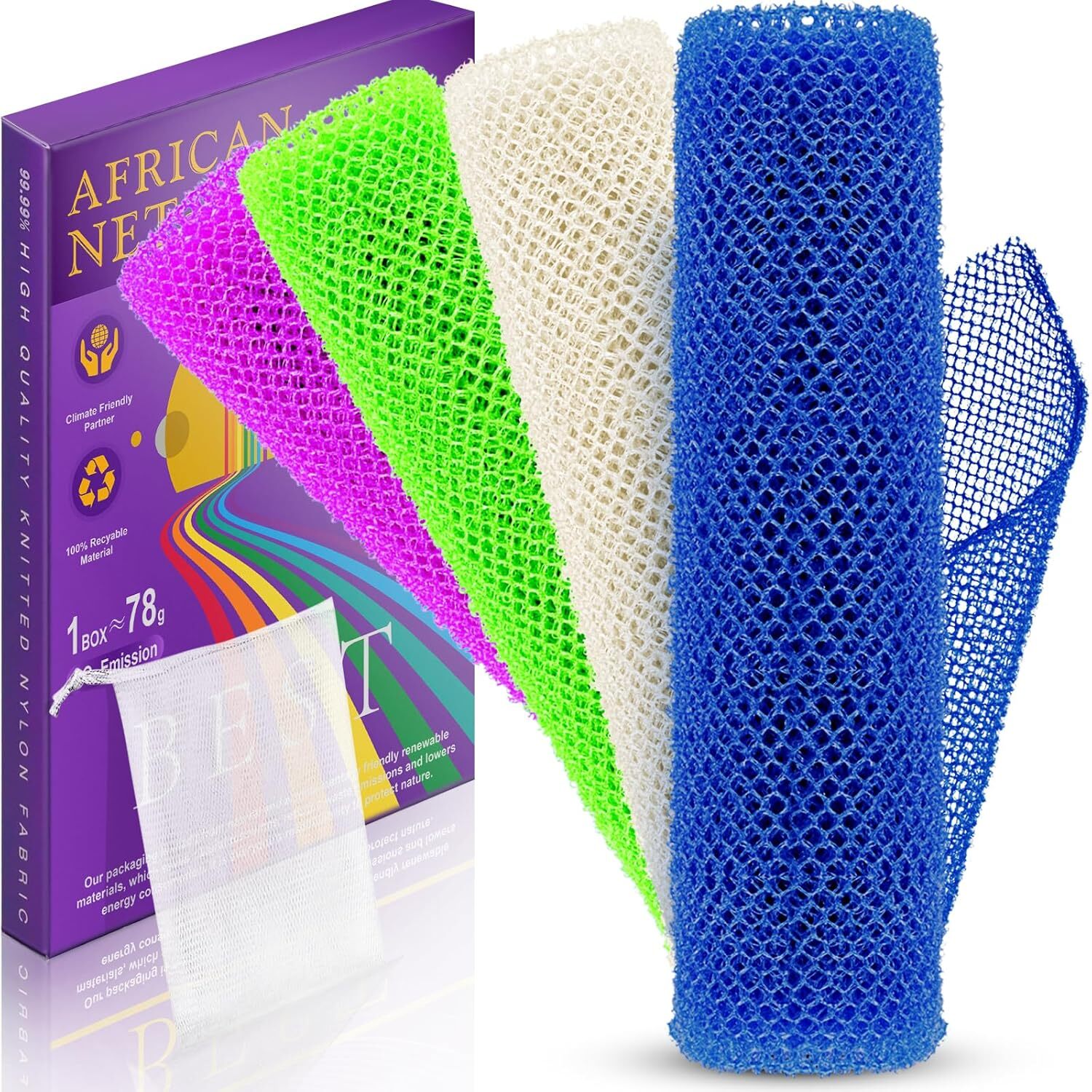 4 Pieces African Bath Sponge Net Long Blue, Green, Purple, White