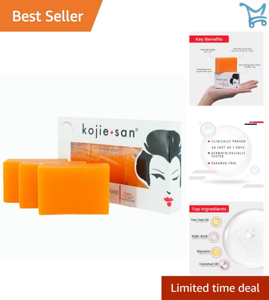 Skin and Body Soap Organic Kojic Acid Bar with Coconut Tea Tree 3x65g