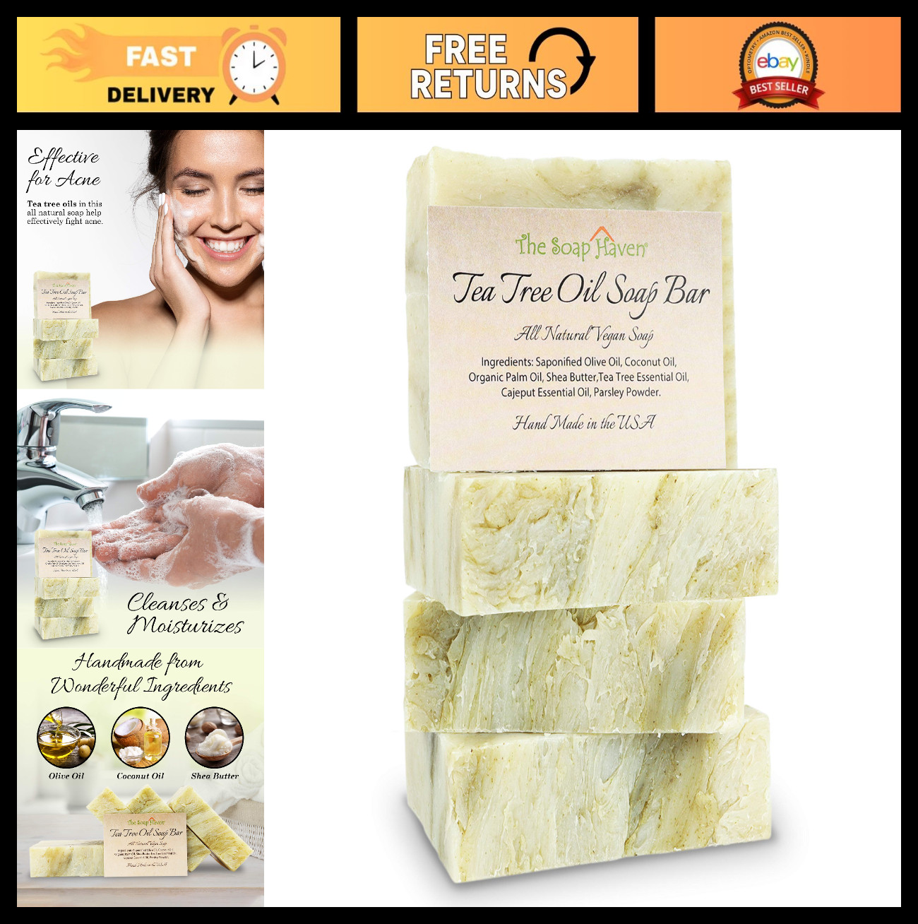 Natural Tea Tree Soap Bar 4-Pack – Cleansing, Moisturizing, Blemish Defense – SL