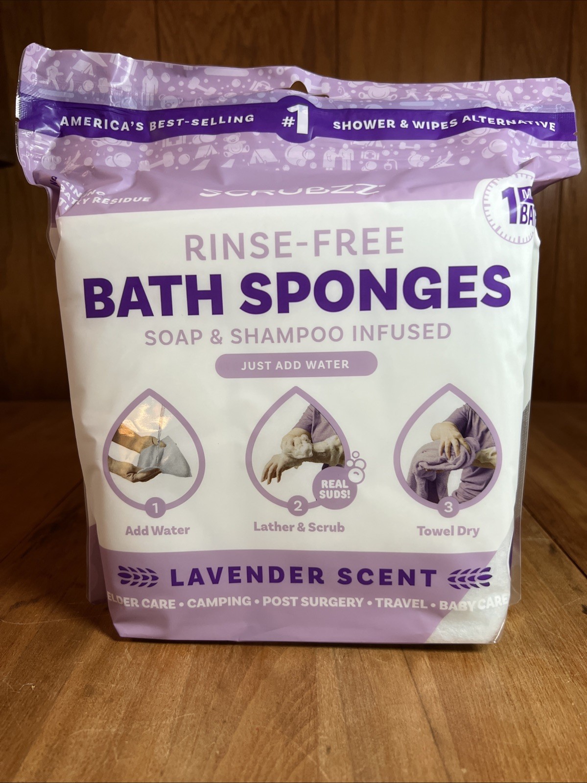 2x SCRUBZZ Lavender Rinse-Free Bath Sponges 50-count Soap & Shampoo New