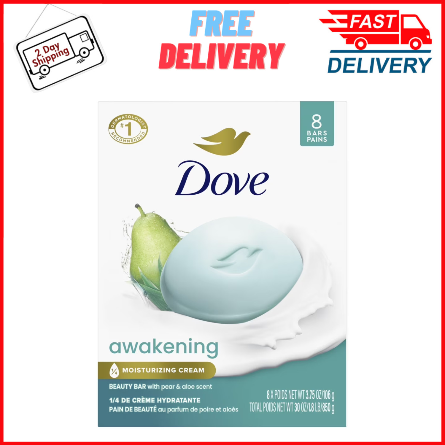 Dove Awakening Gentle Beauty Bar Soap All Skin Type, Pear and Aloe, 3.75oz, 24CT