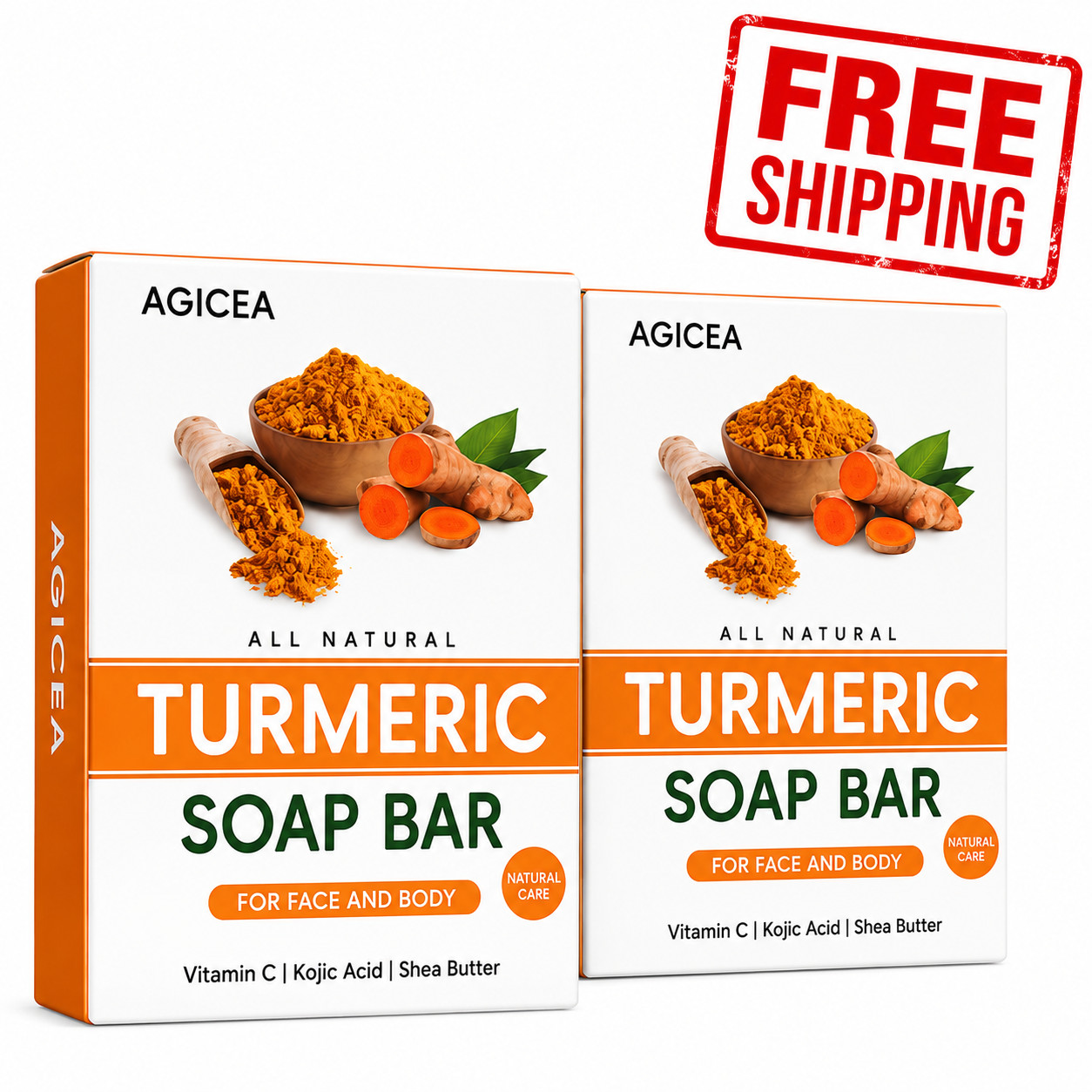 2 Pack AGICEA Turmeric Soap Bar for Face & Body Vitamin C Kojic Acid 100g Each