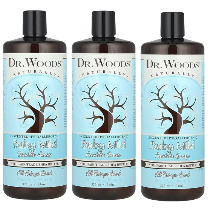Castile Soap Liquid Fair Trade Shea Butter Baby Mild 32 fl.oz Each (Pack of 3)