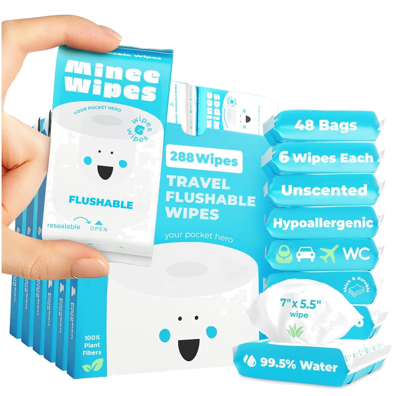 Compact Flushable Wipes, Unscented – Travel Size, 288 Ct