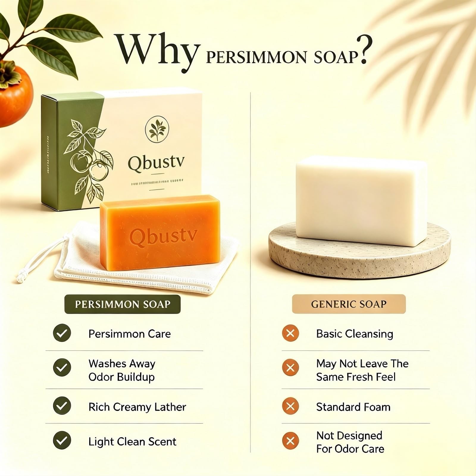 Moisturizing Persimmon Soap Bar for Mature Skin – Deodorizing Body Wash, 2 Pack