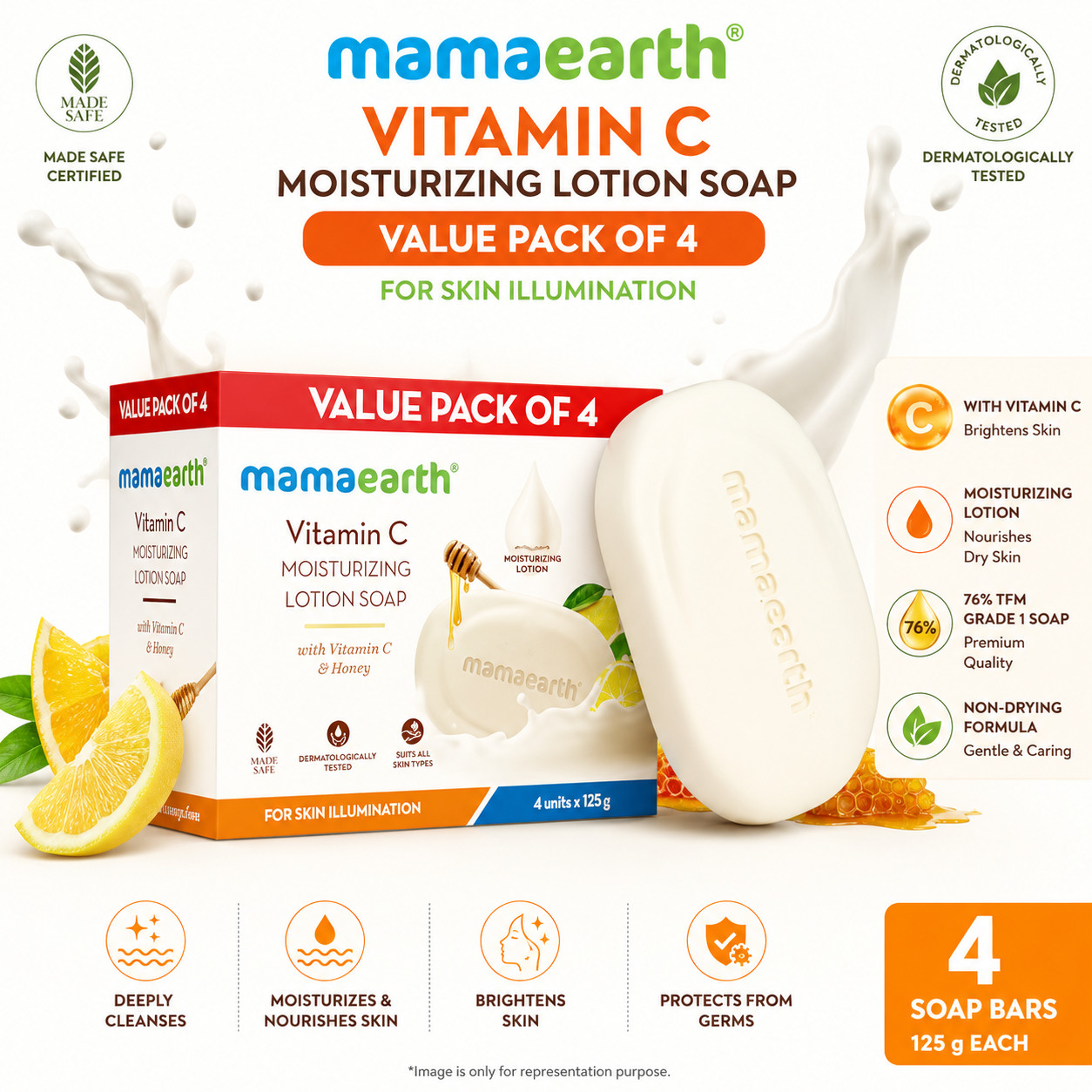 Mamaearth Vitamin C Soap Pack 4 125g Moisturizing Bright Skin Bathing Bars Free