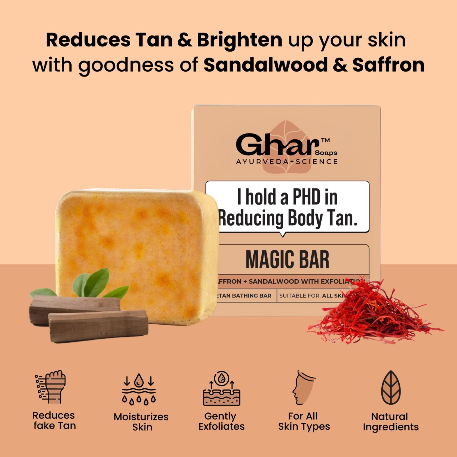 6X Ghar Magic Soap (Sandal Wood and Saffron Soap), Detan Soap, 100gram Each