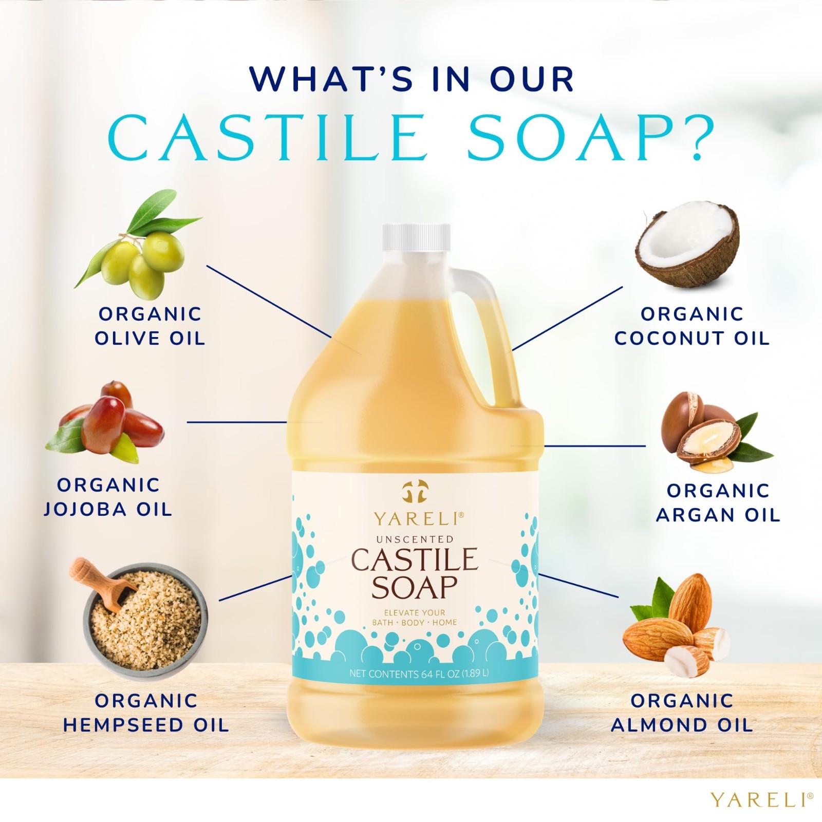 Pure Castile Soap Liquid Unscented 64oz – EWG Verified Organic, Vegan Body Wash,