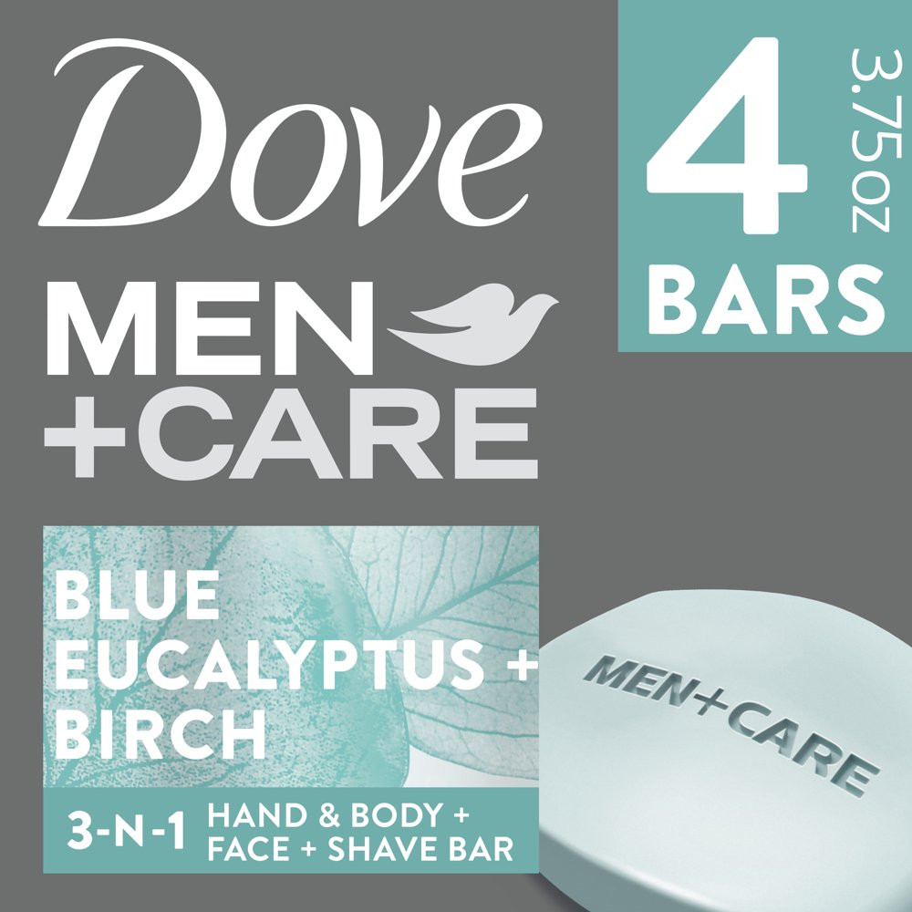 Dove Men+Care Blue Eucalyptus Relaxing Bar Soap 3 in 1 for Body/Face 8PK X 3.7O