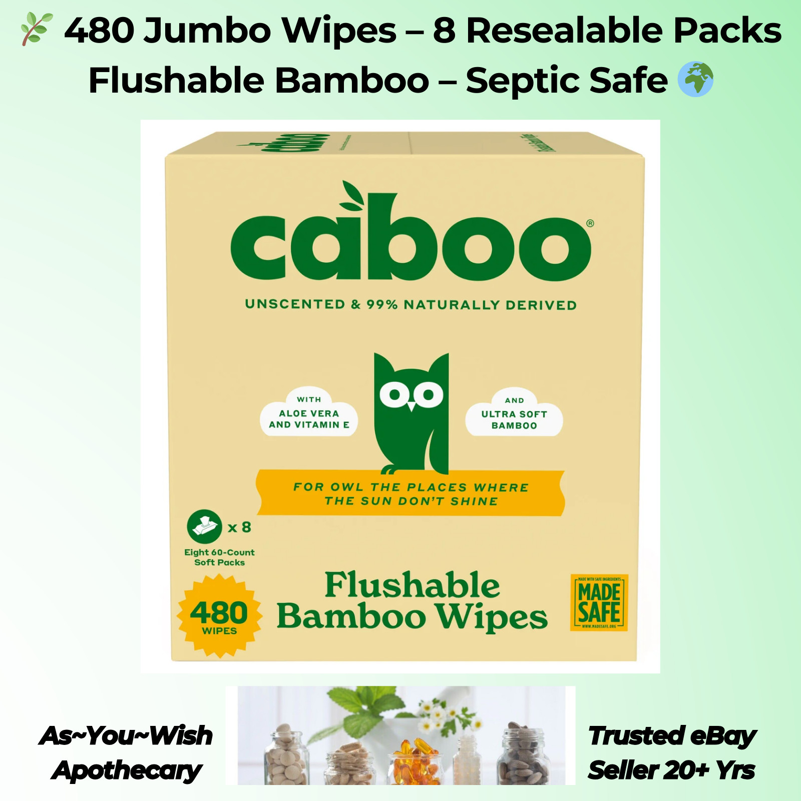 Caboo Flushable Wipes 480ct Bamboo Unscented Jumbo Septic Safe Biodegradable
