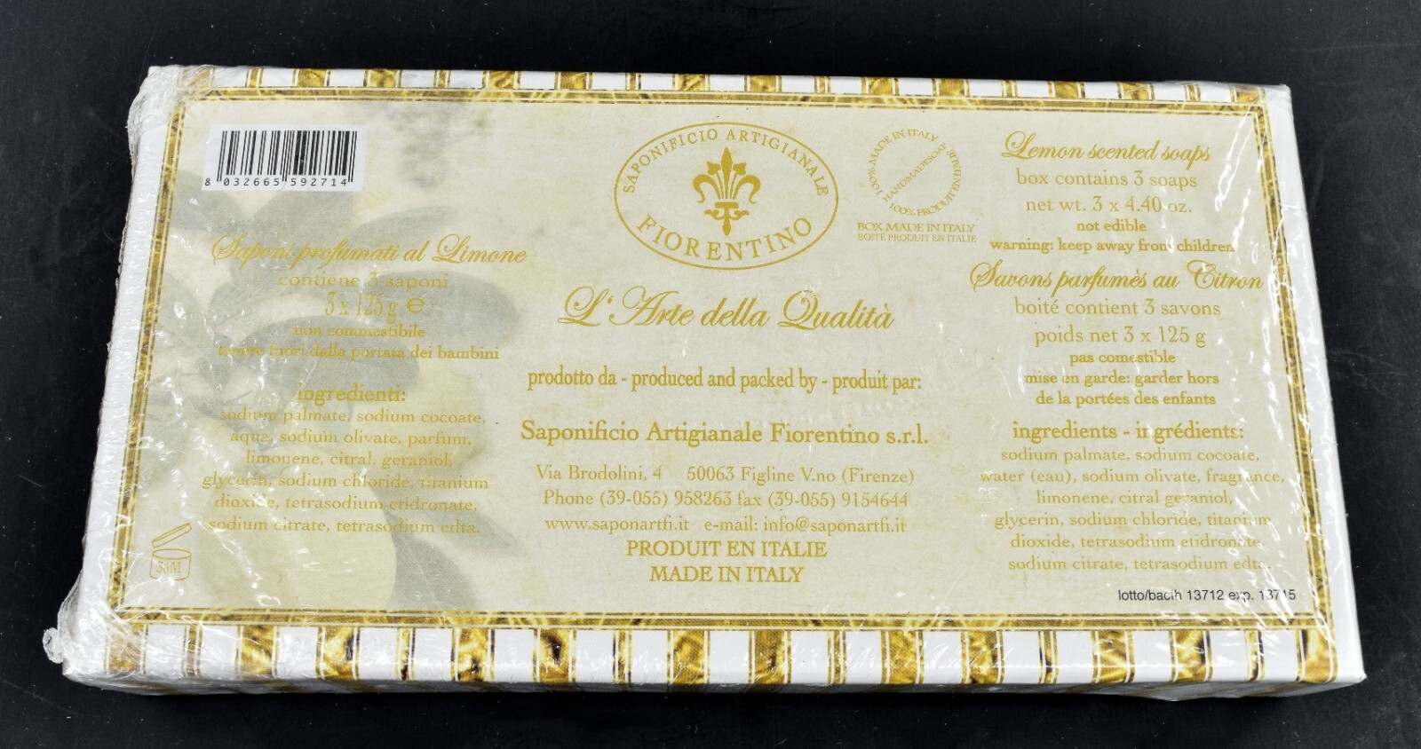 Saponificio Artigianale Fiorentino Lemon Soaps 3 Bars 4.40 Ounces Each