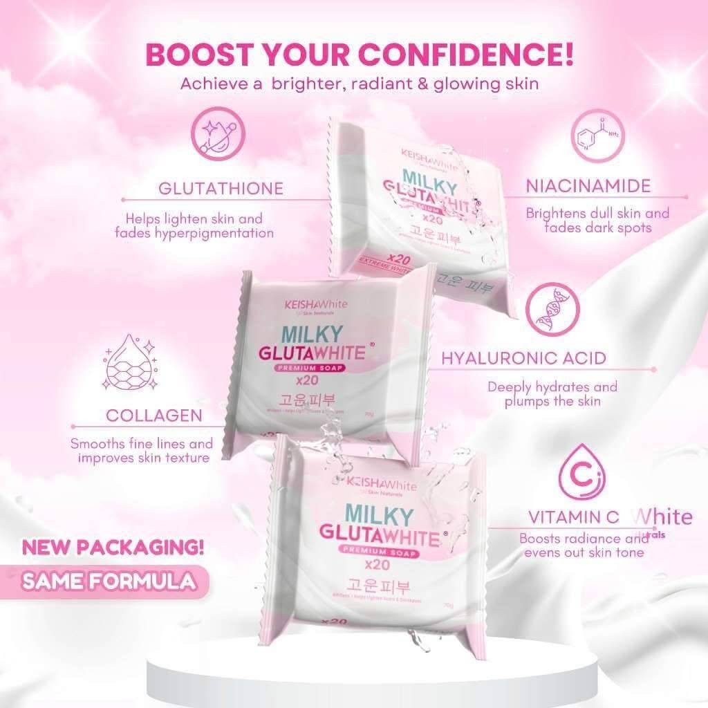 KEISHA White Skin Naturals Milky GlutaWhite Premium Soap 70g x 3 Bars