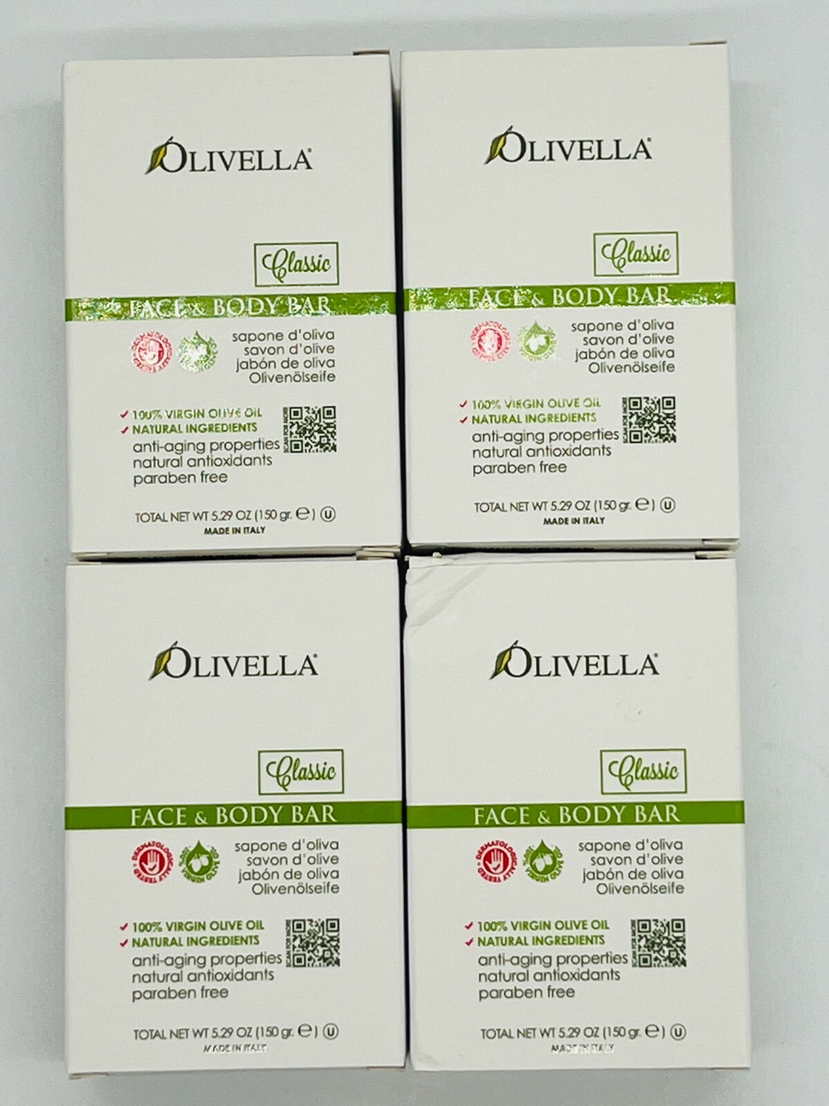 Olivella 100% Virgin Olive Oil Bars 4 Pack Face & Body Soap Italy Anti Aging