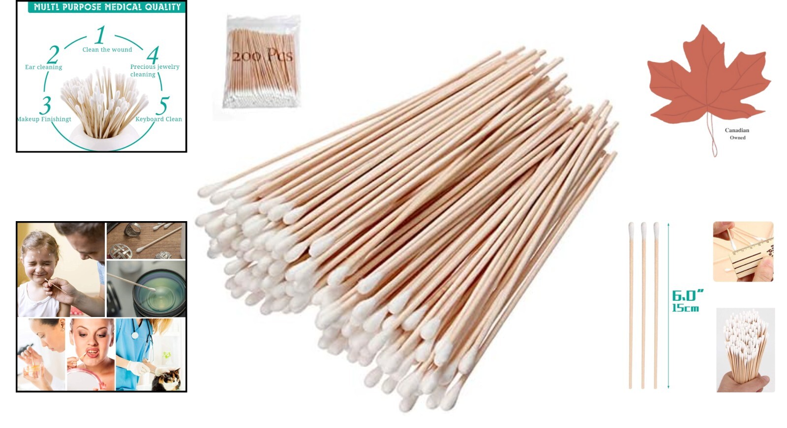 Long Cotton Swabs with Wooden Handles – 200 Count – Ideal for Precision Cleaning