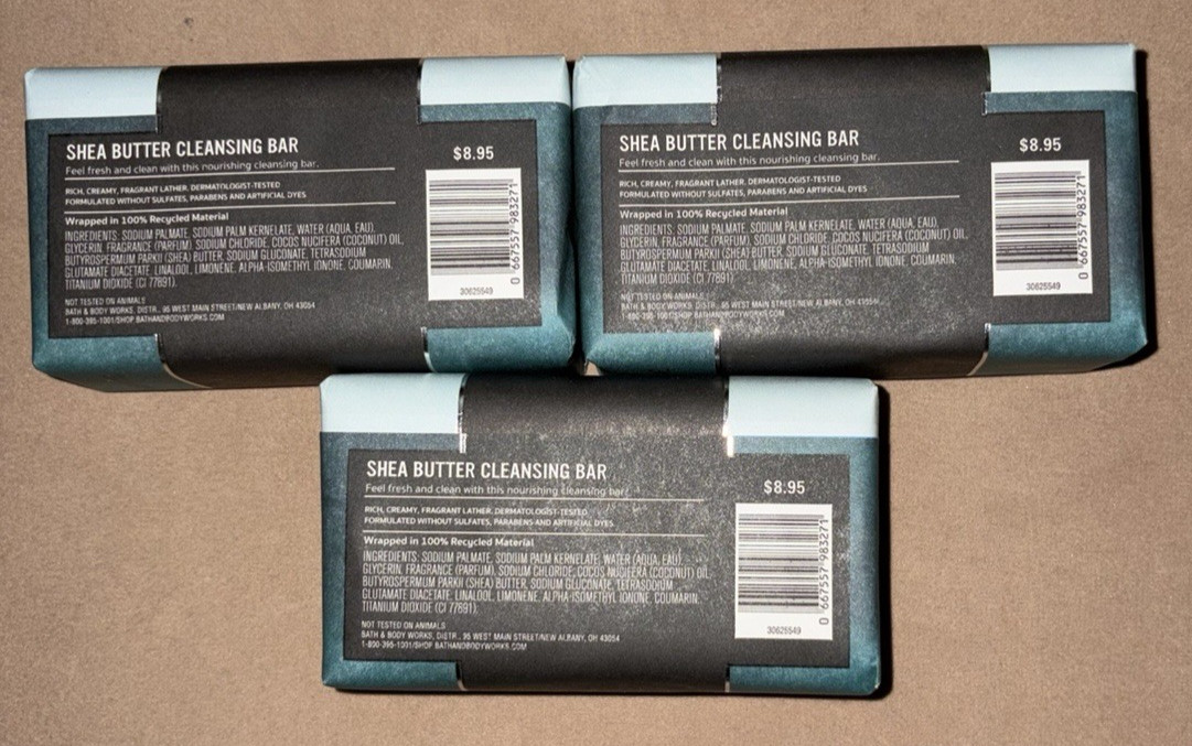 BBW Freshwater 5 oz Shea Butter Cleansing Bar Soap x3 Mens Bergamot/Oak Moss
