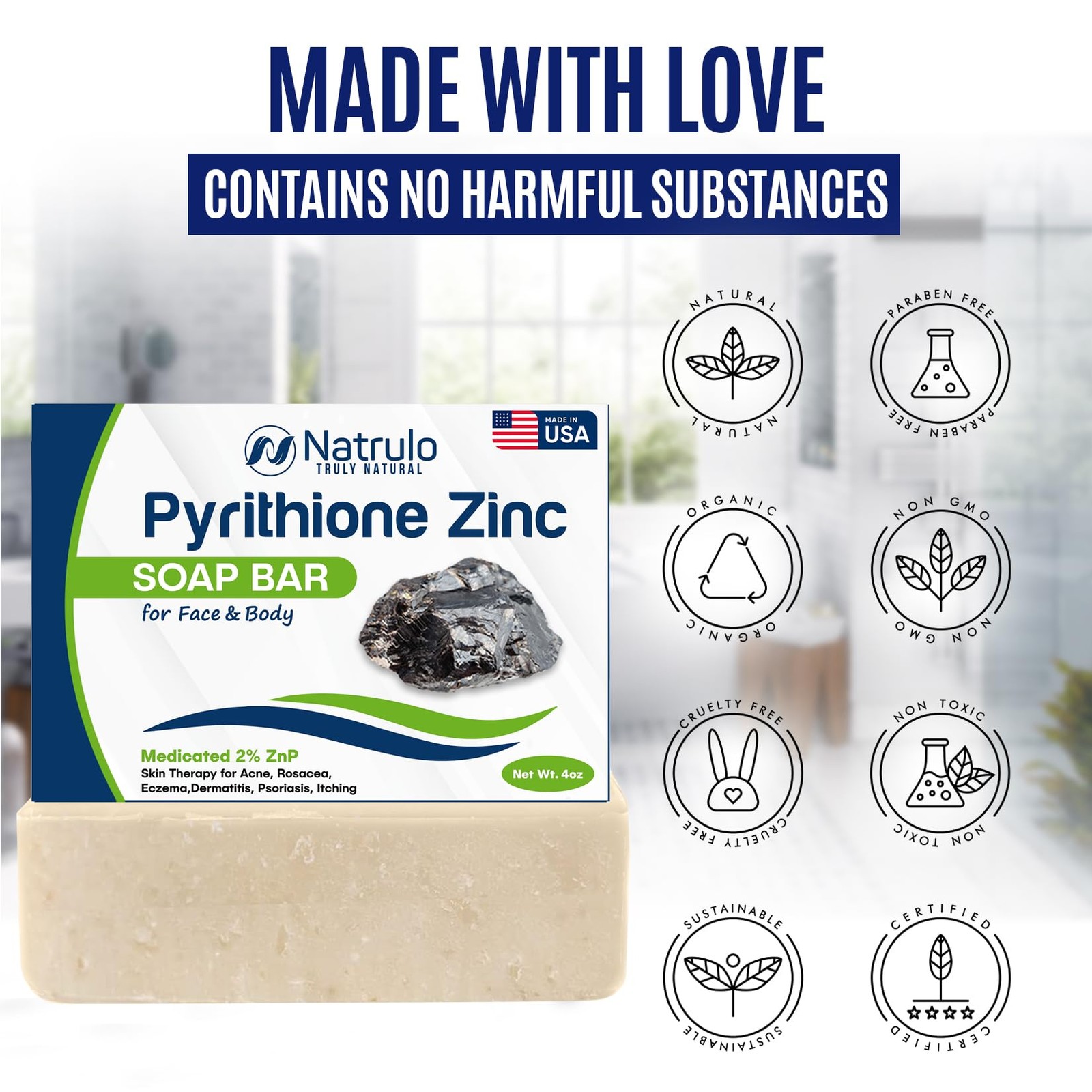 Pyrithione Zinc Soap Bar for Face & Body, 4oz | Medicated 2% ZnP Bar Soap Skin