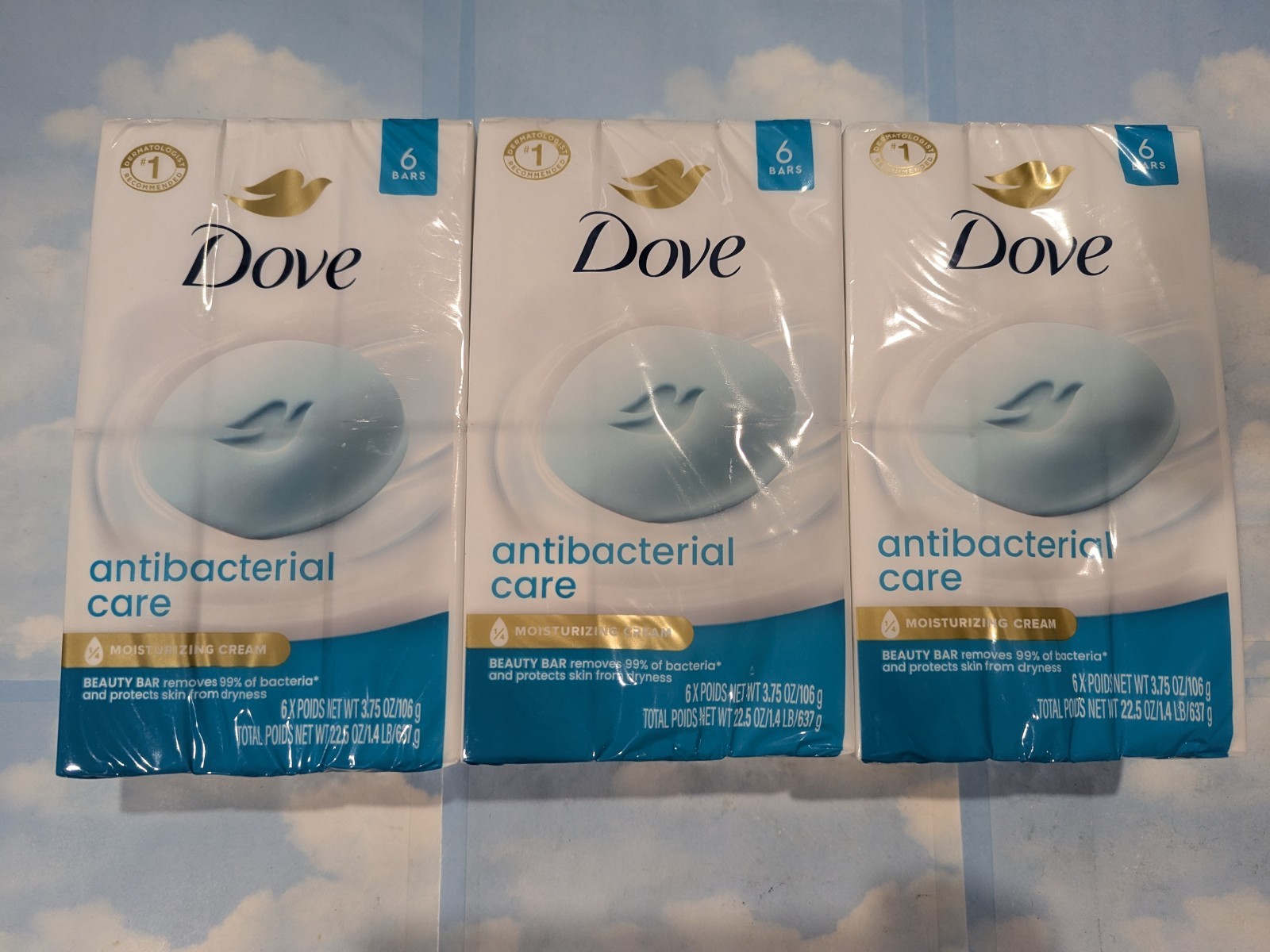 LOT (3) DOVE ANTIBACTERIAL CARE BEAUTY BAR SOAP 6-3.75 OZ EACH TOTAL 18 BARS