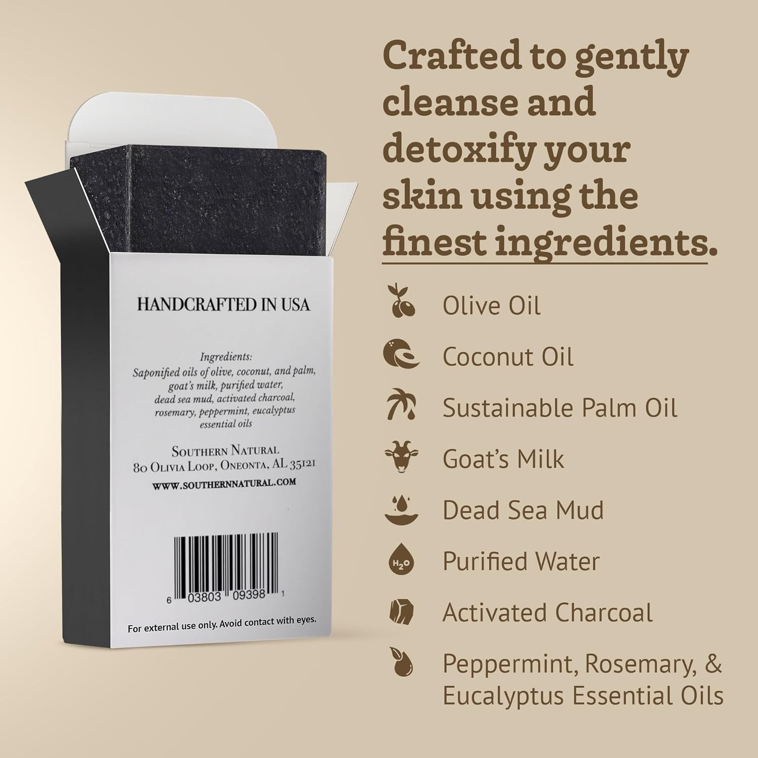 Southern Natural Activated Charcoal Soap Bar (3 Pack) Face and Body Soap for Sen