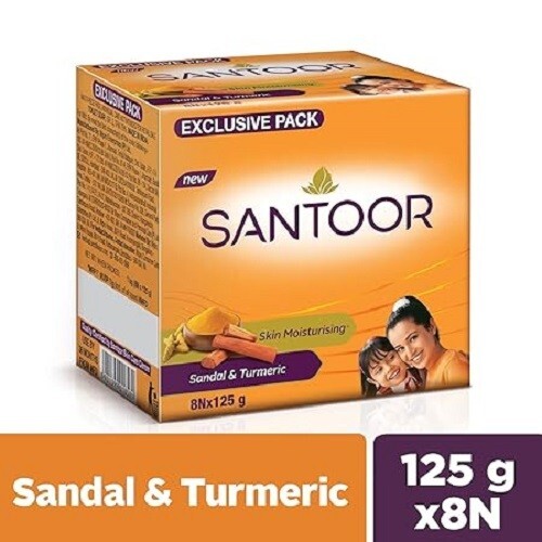 Santoor Skin Moisturizing Sandal & Turmeric Bathing Soap | Pack of 8, 125g