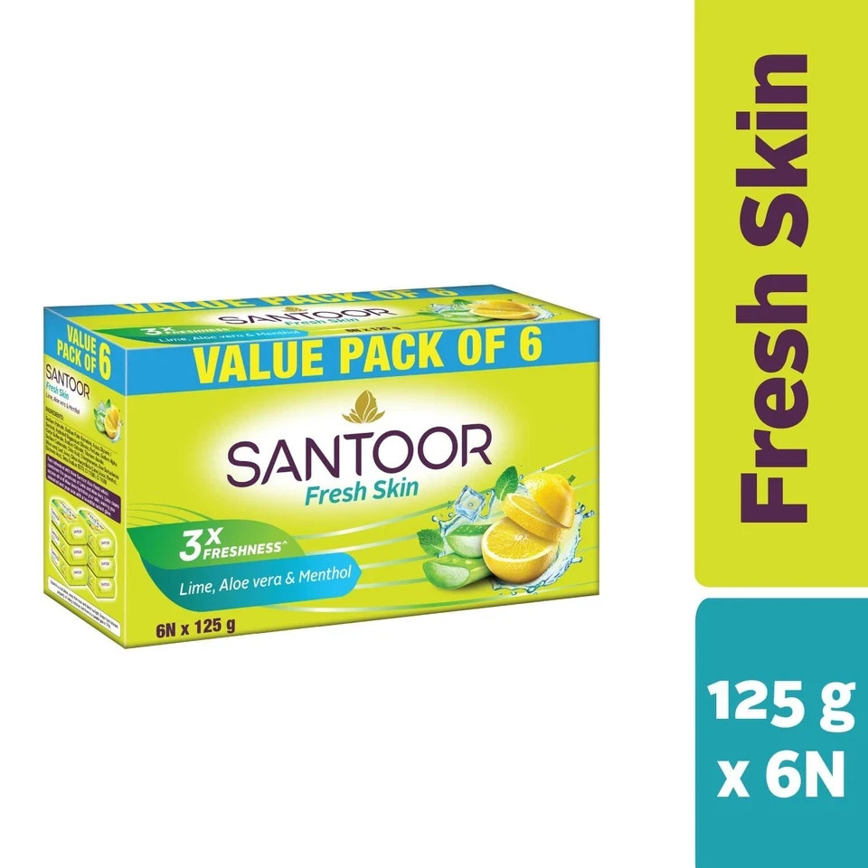Santoor Aloe Vera & Lime Soap 125g X 6 | Fresh Skin Anti-Aging Soft Smooth