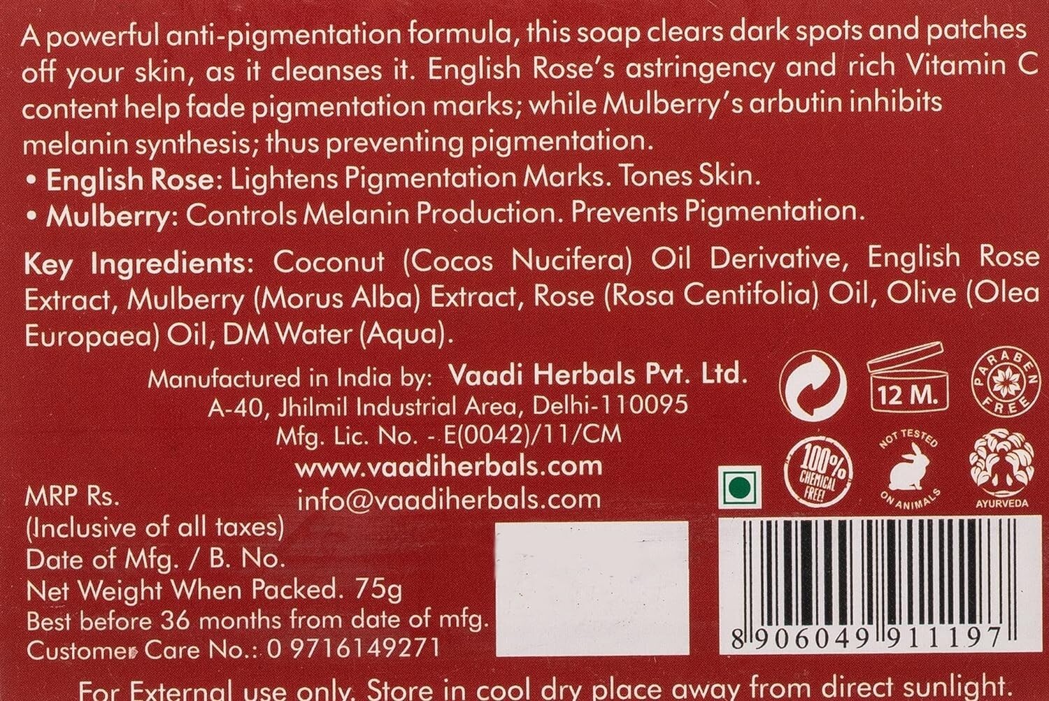 Vaadi Herbals Enchanting Rose Soap with Mulberry Extract 75g,