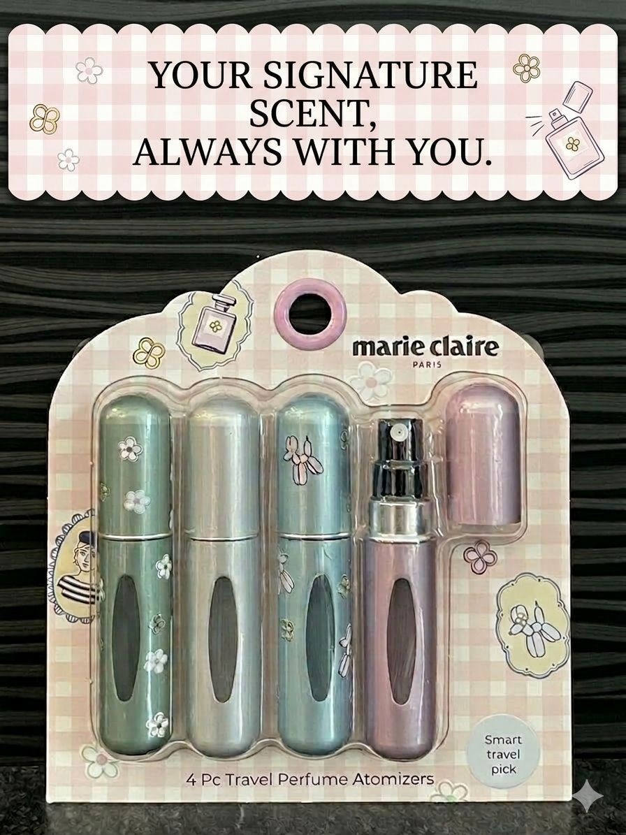 Marie Claire 4Pc Travel Perfume Atomizers Refillable Mini Spray Bottles
