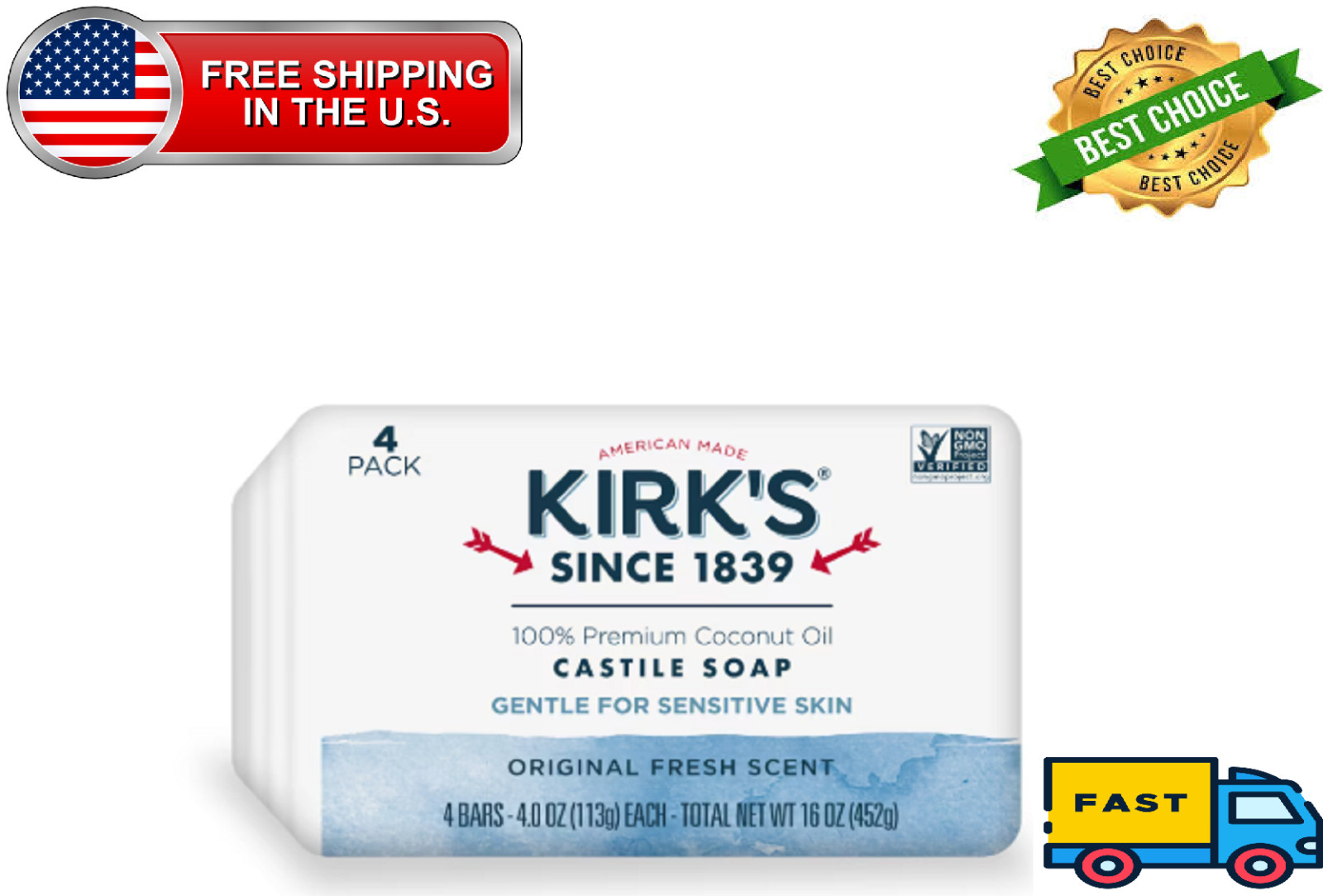 Kirk’s Castile Bar Soap – Made With Premium Coconut Oil, Original Fresh Scent, 4