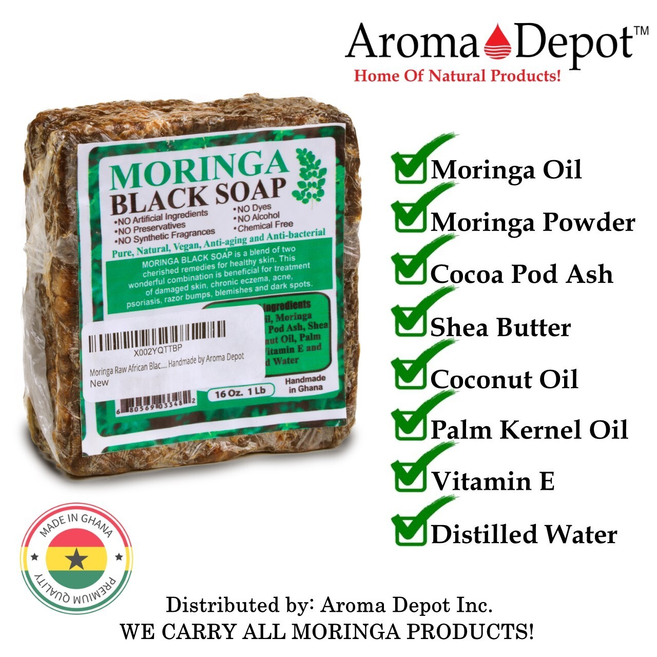 1 lb. MORINGA Black Soap Vegan Organic Unrefined 100% Natural Anti Acne/Fungus