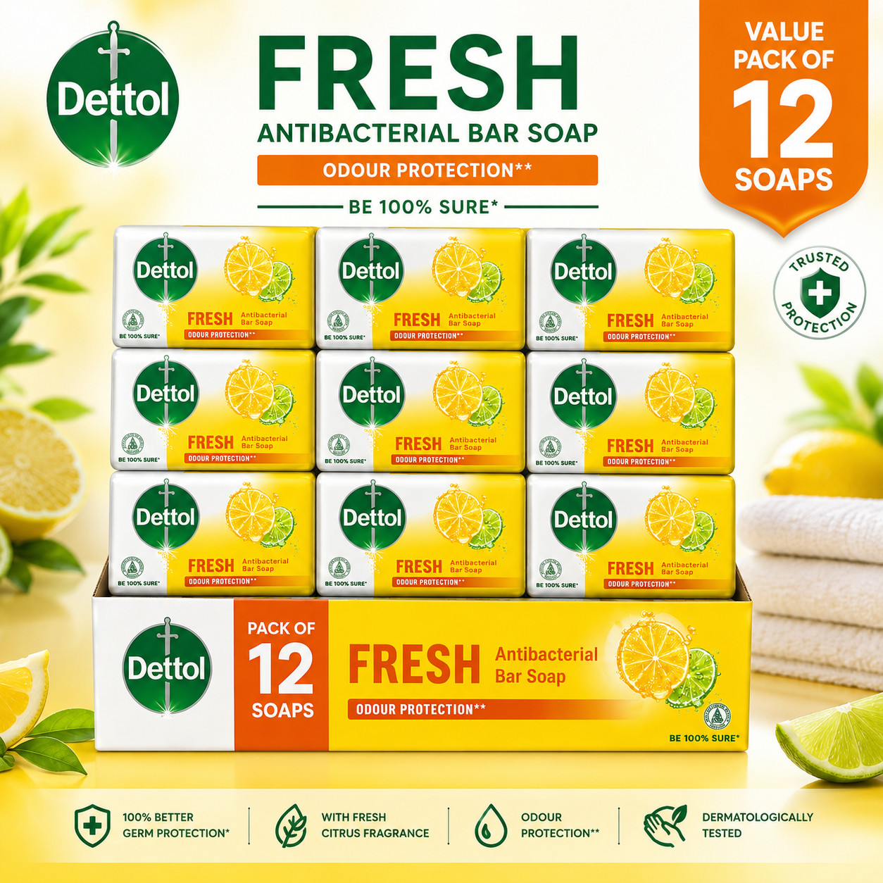 Pack of 12 Dettol Fresh Antibacterial Soap Bar 110g Germ Protection Soap