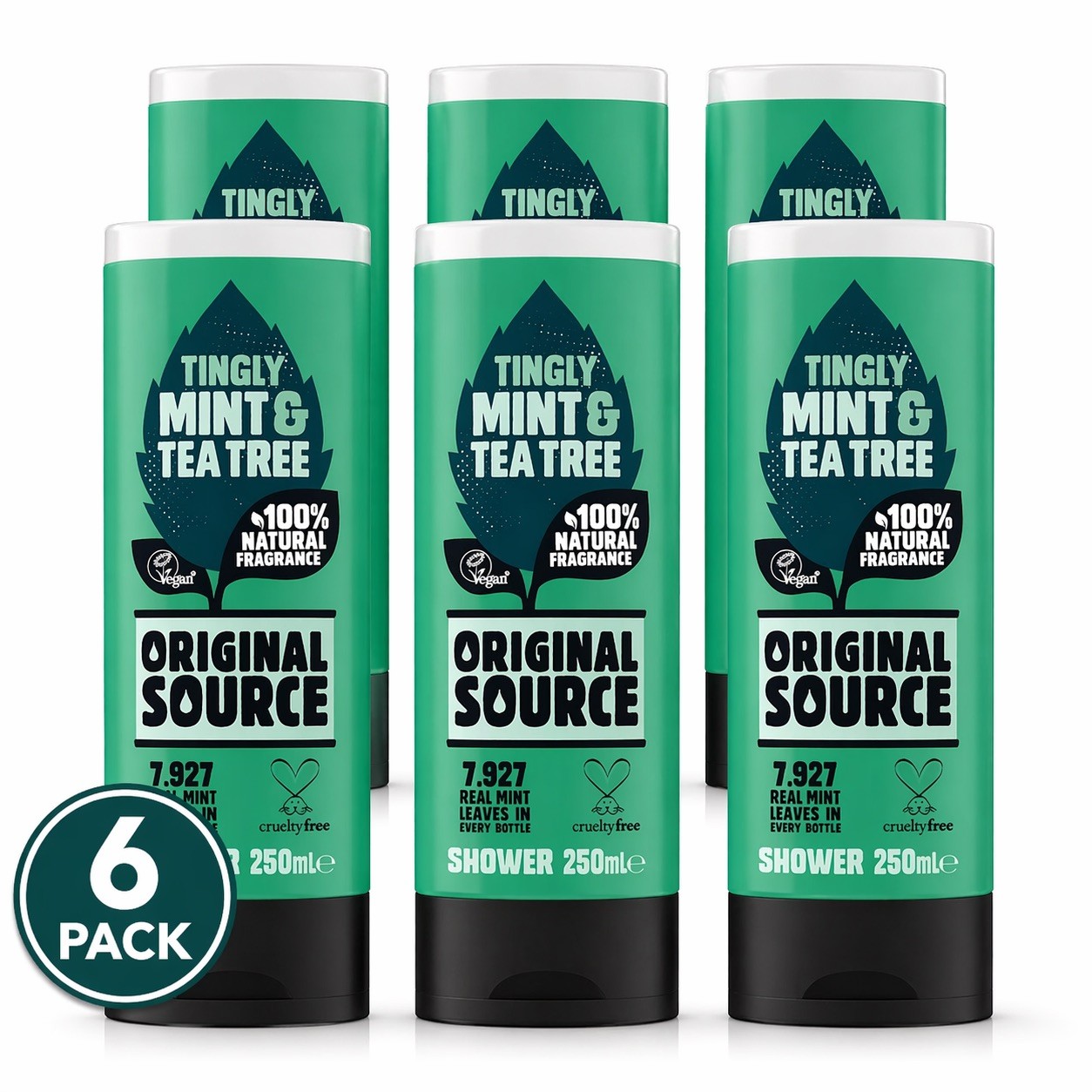6x Original Source Mint & Tea Tree Shower Gel 250ml Vegan Body Wash Tingly