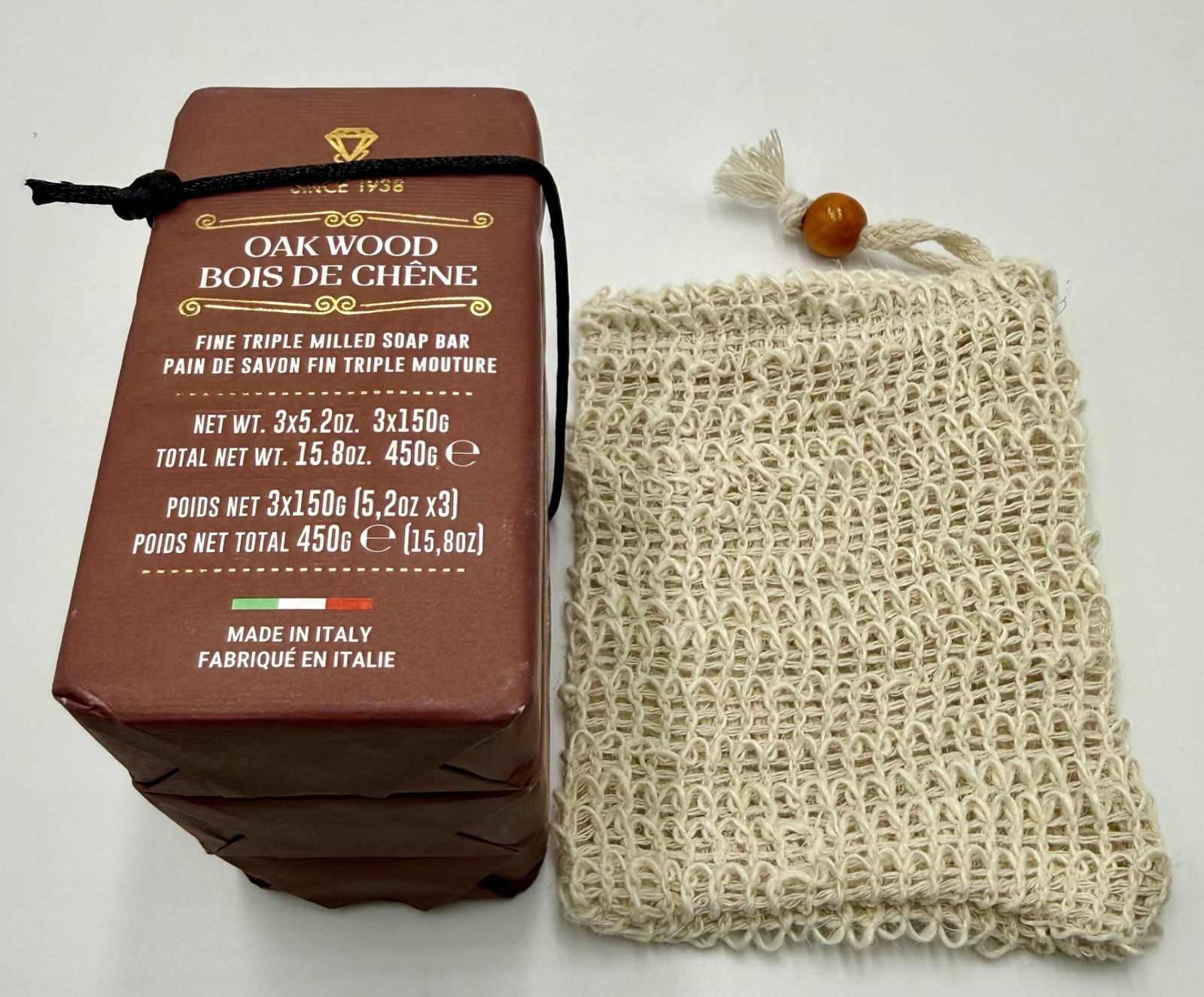 Zeni Oakwood Triple Milled Soap Bars 3x 5.2oz Made in Italy Total 15.8oz + 1 Bag