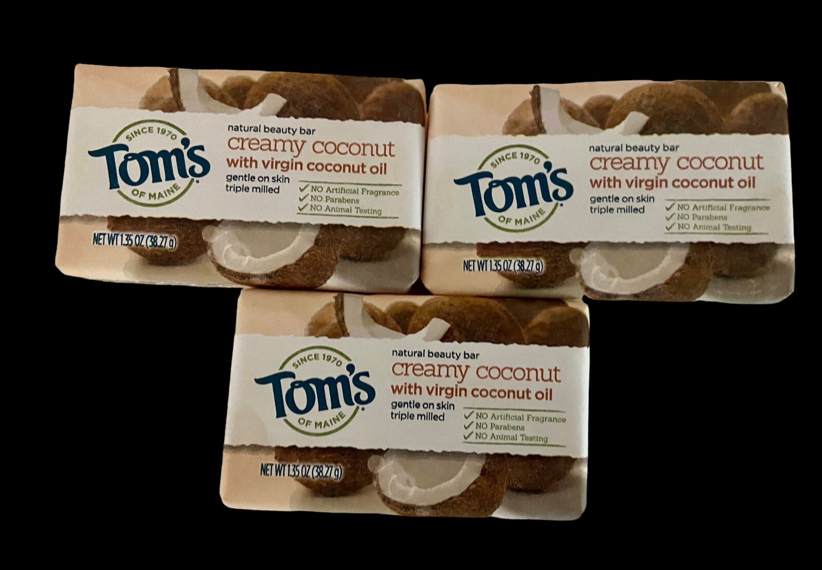 3 Tom’s of Maine Natural Beauty Soap Bars Creamy Coconut Oil-Travel Size 1.35 oz
