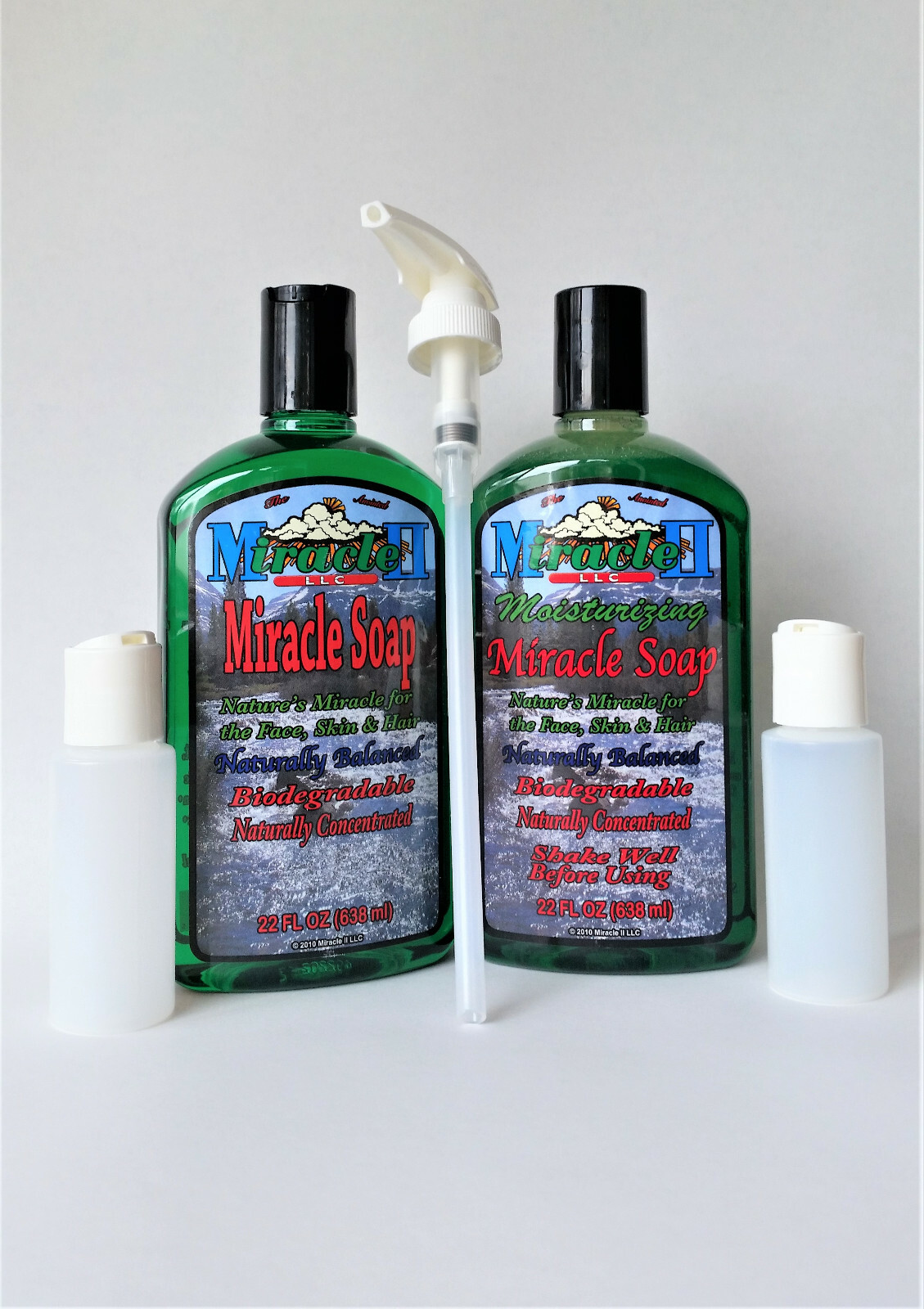 Miracle II Soap, Moisturizer Soap, Lotion Pump, Two 2 oz Plastic Bottles
