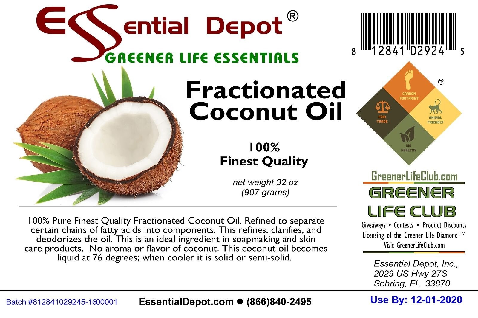 Coconut Oil (fractionated) – 1 Quart – Finest Quality