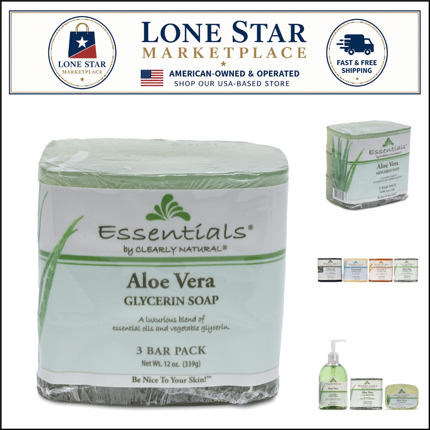 Essentials Aloe Vera Glycerin Bar Soap – 12 oz, 3-Pack for Skin Nourishment