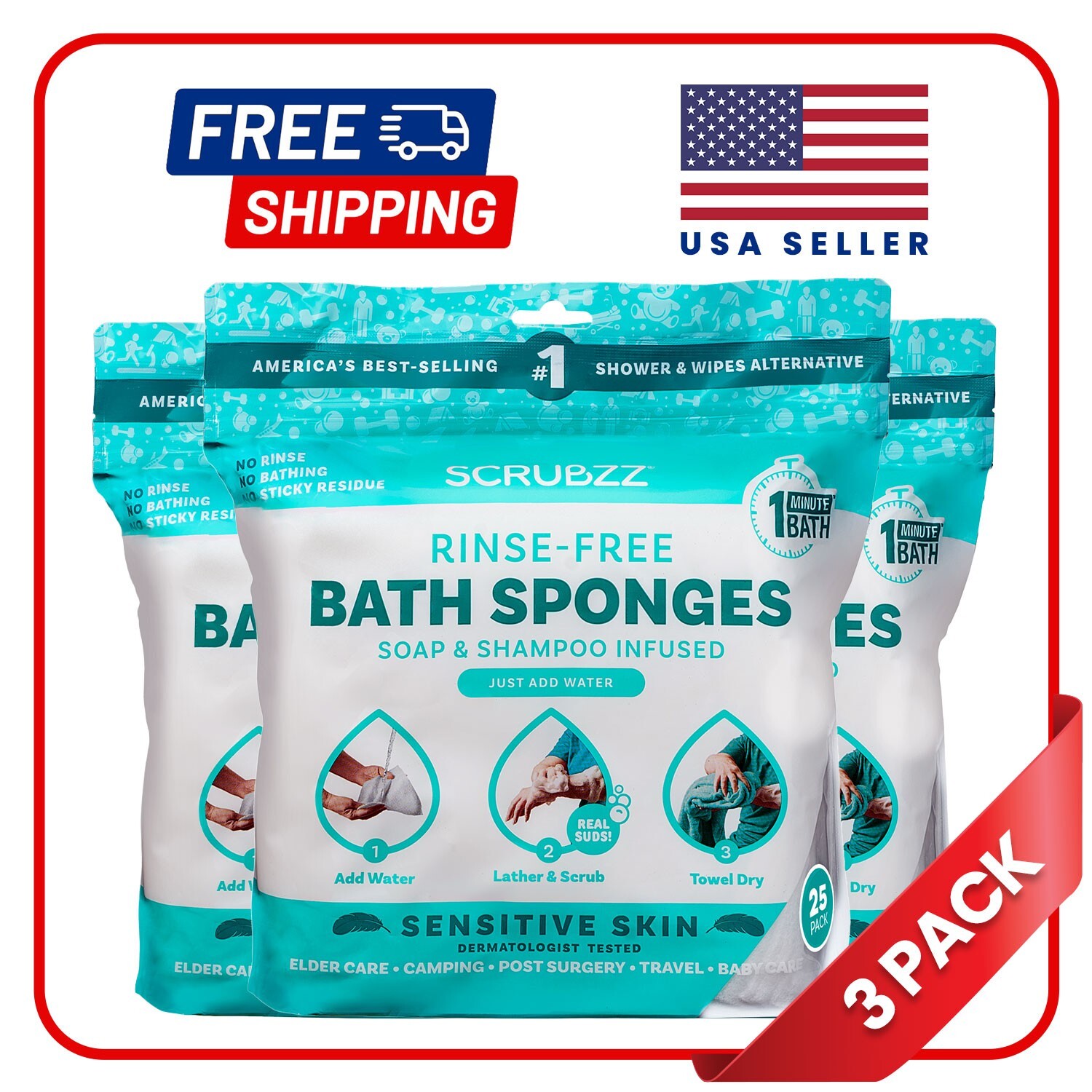 Scrubzz Disposable Rinse Free Bathing Sponges – Sensitive Skin, 75 Count