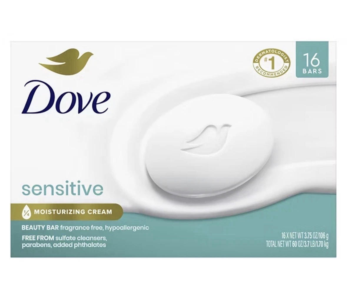Dove Beauty Bar Sensitive 1/4 Moisturizing Cream Soap 3.75 oz, 16 Bars